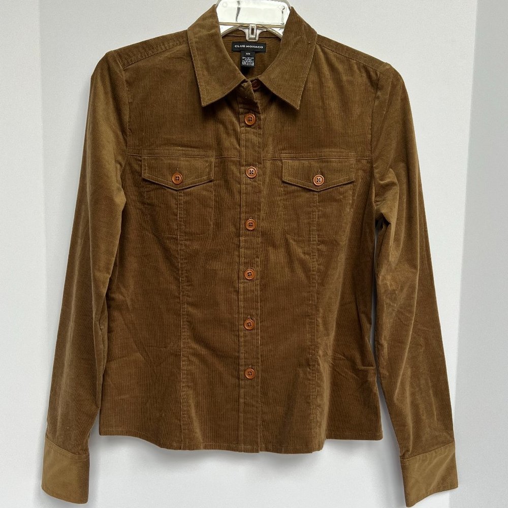 CLUB MONACO Corduroy Stretch Shirt Dark Camel EUC Cotton Spandex Women's Size M